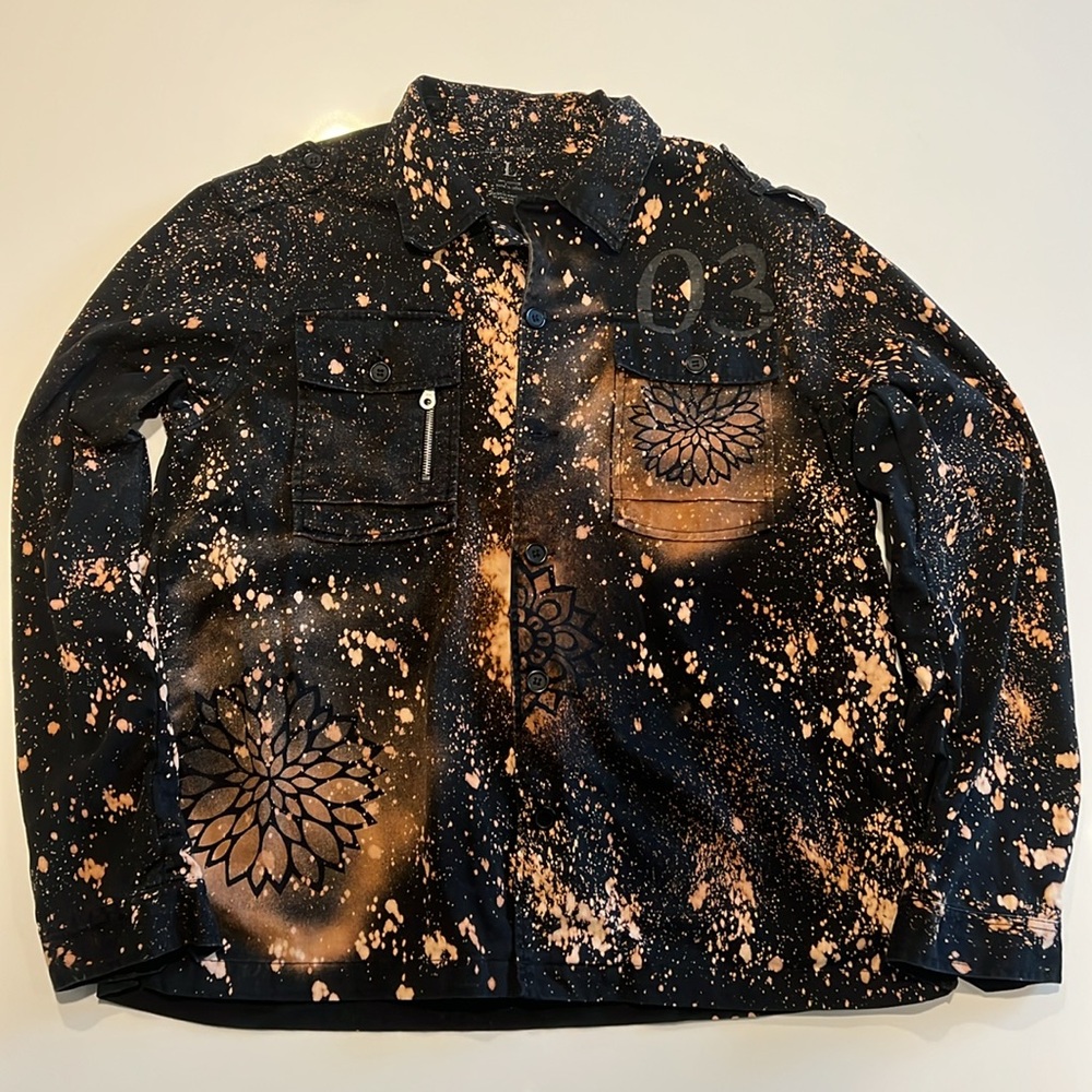 Handmade One-of-a-Kind Upcycled ATA Jacket Unisex L with Floral Mandalas